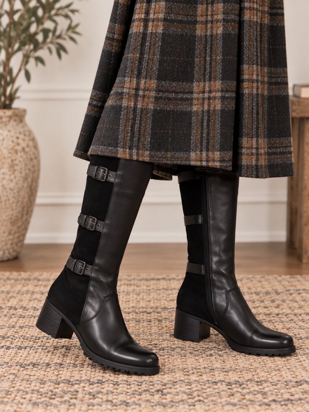Ecco Women's SZ 39 Esmeralda Black Leather and Suede 3-Buckle Tall Boots NEW